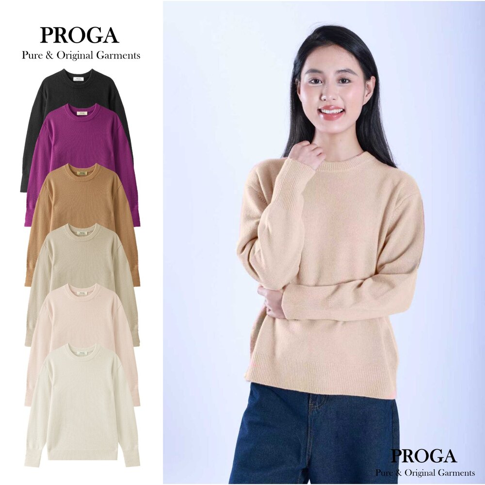 PRG25007-PRG25007 Cashmere羊絨美麗諾羊毛混紡 高質感圓領針織長袖日系毛衣女 羅紋收邊 厚暖款(6色) 柔軟親膚
