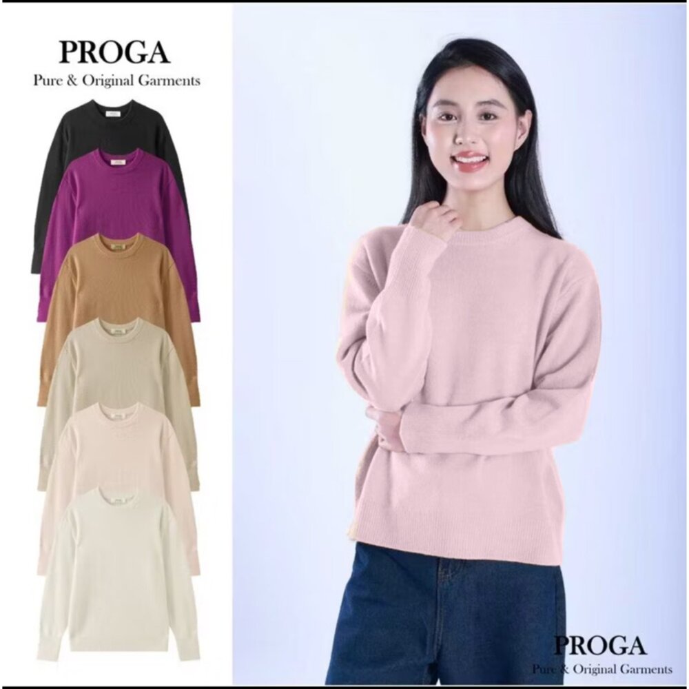 PRG25007-PRG25007 Cashmere羊絨美麗諾羊毛混紡 高質感圓領針織長袖日系毛衣女 羅紋收邊 厚暖款(6色) 柔軟親膚