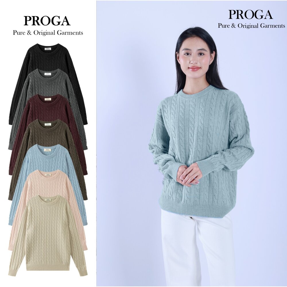 PRG25009-PRG25009 Cashmere羊絨美麗諾羊毛混紡 高質感圓領麻花針織長袖日系毛衣男款女著 厚暖款(7色) 柔軟親膚