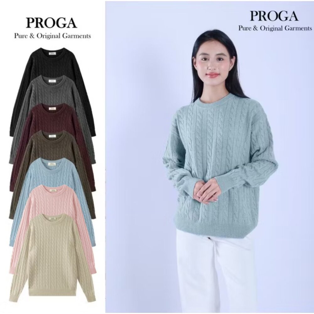 PRG25009-PRG25009 Cashmere羊絨美麗諾羊毛混紡 高質感圓領麻花針織長袖日系毛衣男款女著 厚暖款(7色) 柔軟親膚