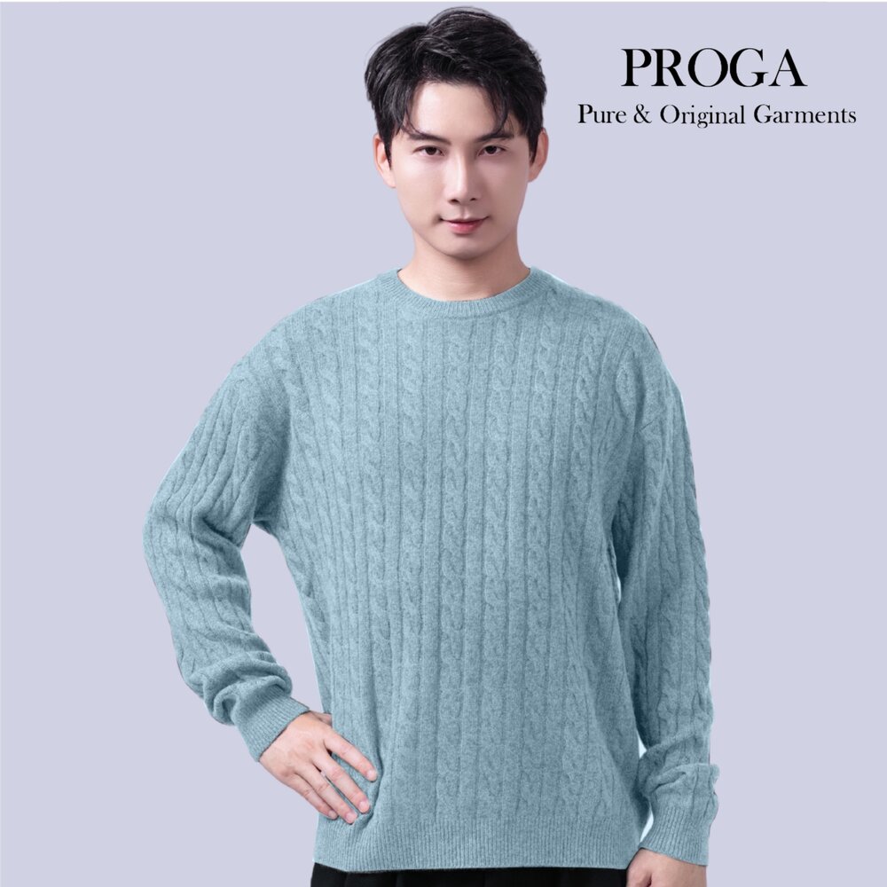 PRG25009 Cashmere羊絨美麗諾羊毛混紡 高質感圓領麻花針織長袖日系毛衣男 厚暖款(7色)透氣保暖 柔軟親膚-圖片-1