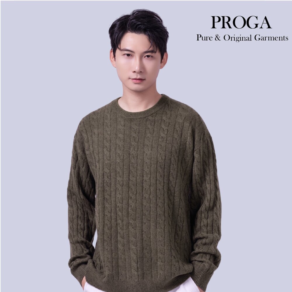 PRG25009 Cashmere羊絨美麗諾羊毛混紡 高質感圓領麻花針織長袖日系毛衣男 厚暖款(7色)透氣保暖 柔軟親膚-圖片-2