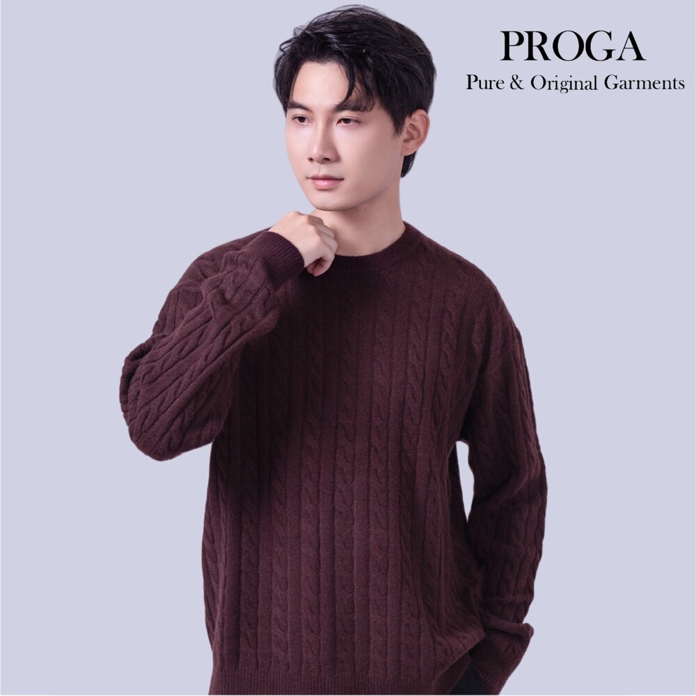 PRG25009 Cashmere羊絨美麗諾羊毛混紡 高質感圓領麻花針織長袖日系毛衣男 厚暖款(7色)透氣保暖 柔軟親膚-圖片-3