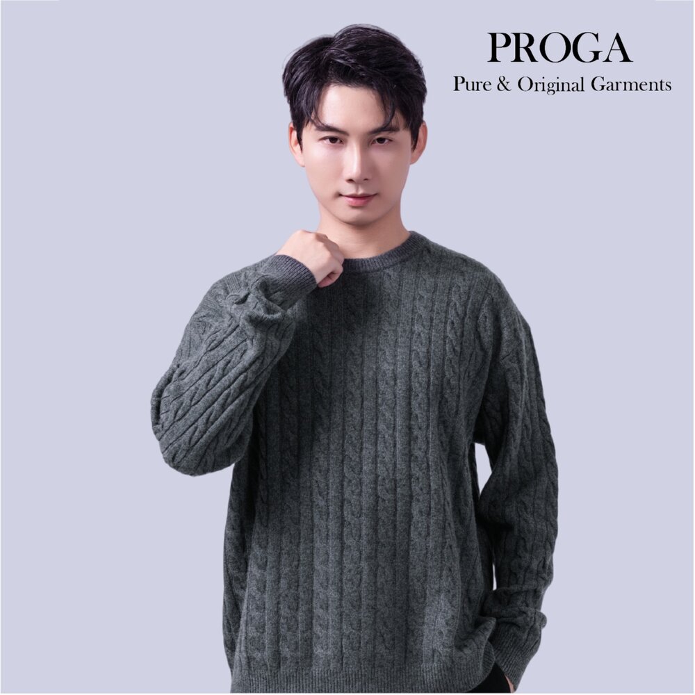 PRG25009 Cashmere羊絨美麗諾羊毛混紡 高質感圓領麻花針織長袖日系毛衣男 厚暖款(7色)透氣保暖 柔軟親膚-圖片-5