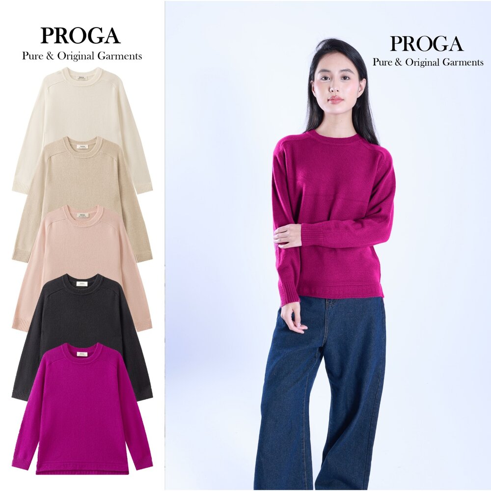 PRG25010-PRG25010 Cashmere羊絨美麗諾羊毛混紡 高質感圓領針織長袖日系毛衣女 側開衩下擺 厚暖款(5色) 柔軟親膚