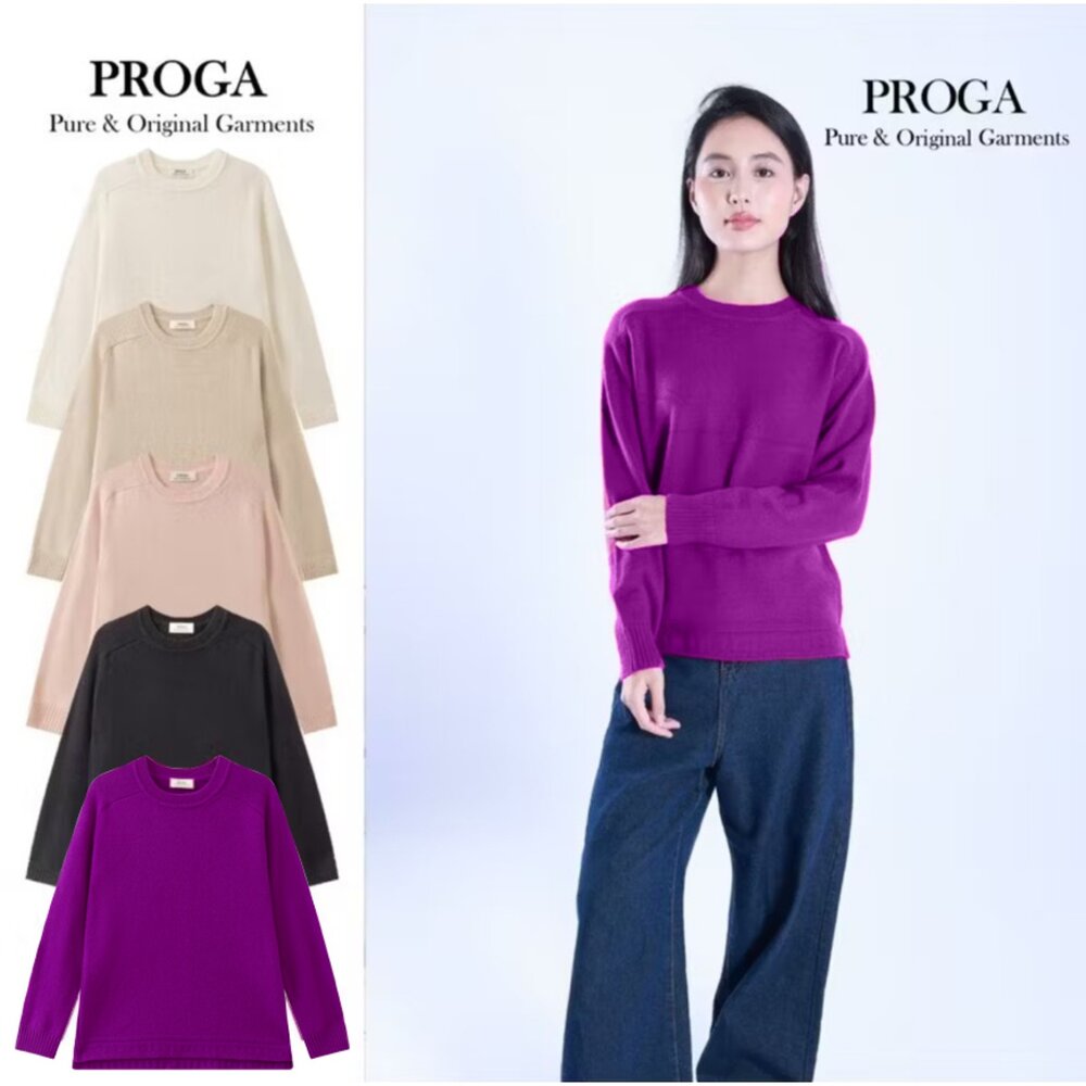 PRG25010-PRG25010 Cashmere羊絨美麗諾羊毛混紡 高質感圓領針織長袖日系毛衣女 側開衩下擺 厚暖款(5色) 柔軟親膚