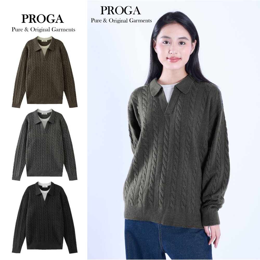 PRG25016-PRG25016 限量 義大利進口紗線混紡 高質感翻領麻花針織長袖毛衣男款女著 假兩件 厚暖款(3色)柔軟親膚