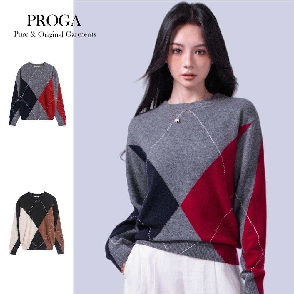 PRG25020-PRG25020 100%純Cashmere喀什米爾 圓領菱格針織長袖毛衣女 標準款(2色)極致保暖 柔軟親膚 奢華享受