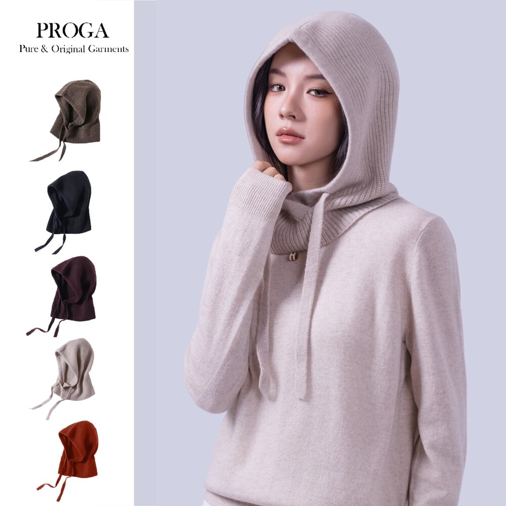 PRG25027 - PRG25027 Cashmere羊絨美麗諾羊毛混紡 套頭連帽針織圍巾 抽繩設計 厚暖款(5色) 透氣保暖 柔軟親膚