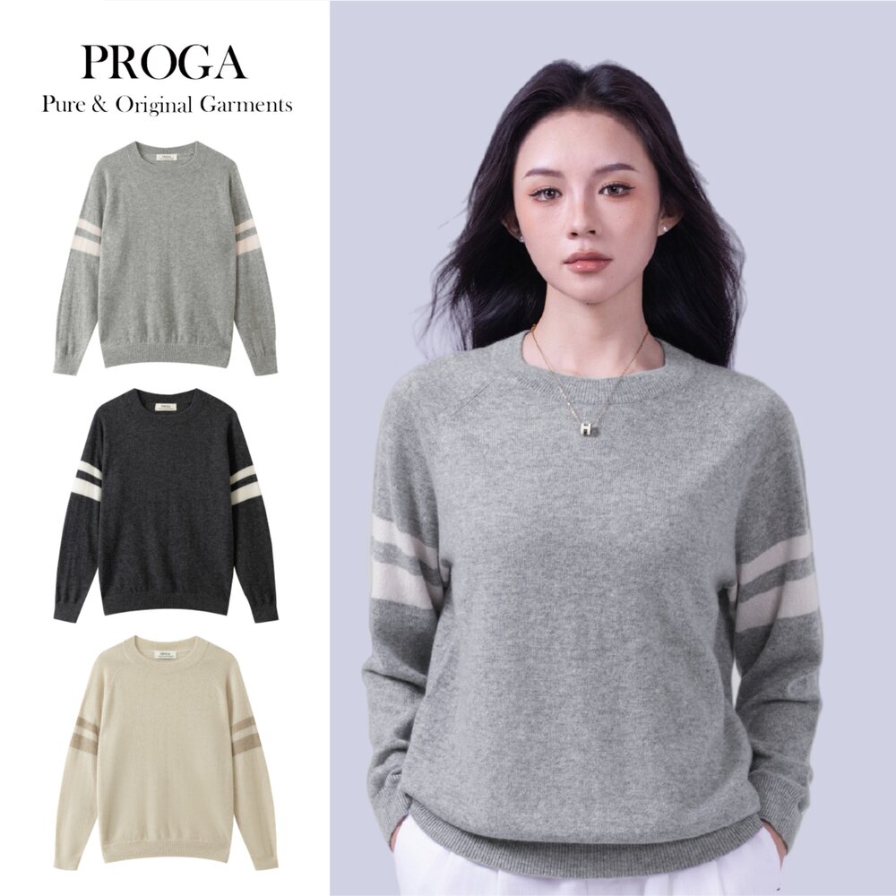 PRG25030-PRG25030 100%純Cashmere喀什米爾 圓領拉格蘭袖條紋針織長袖毛衣女 標準款(8色)柔軟親膚 奢華享受