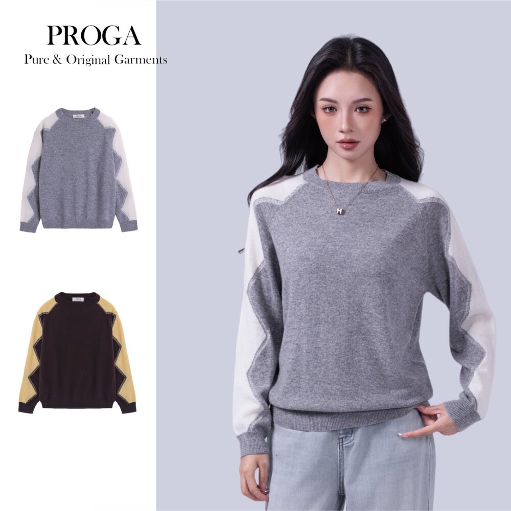 PRG25035-PRG25035 100%純Cashmere喀什米爾 圓領拉格蘭袖花紋針織長袖毛衣女 標準款(2色) 柔軟親膚 奢華享受