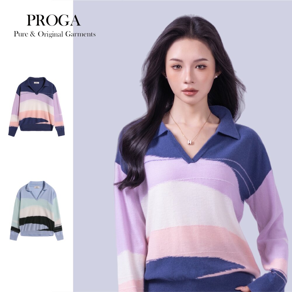 PRG25036A-PRG25036A Cashmere羊絨美麗諾羊毛混紡 POLO領針織長袖毛衣女 風景 標準款(2色)透氣保暖抗菌防臭