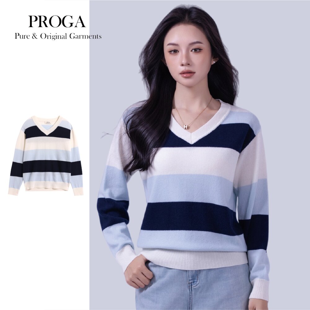 PRG25037-PRG25037 100%純Cashmere喀什米爾羊絨 V領針織長袖毛衣女 白藍橫條紋 標準款 柔軟親膚 頂級奢華享受