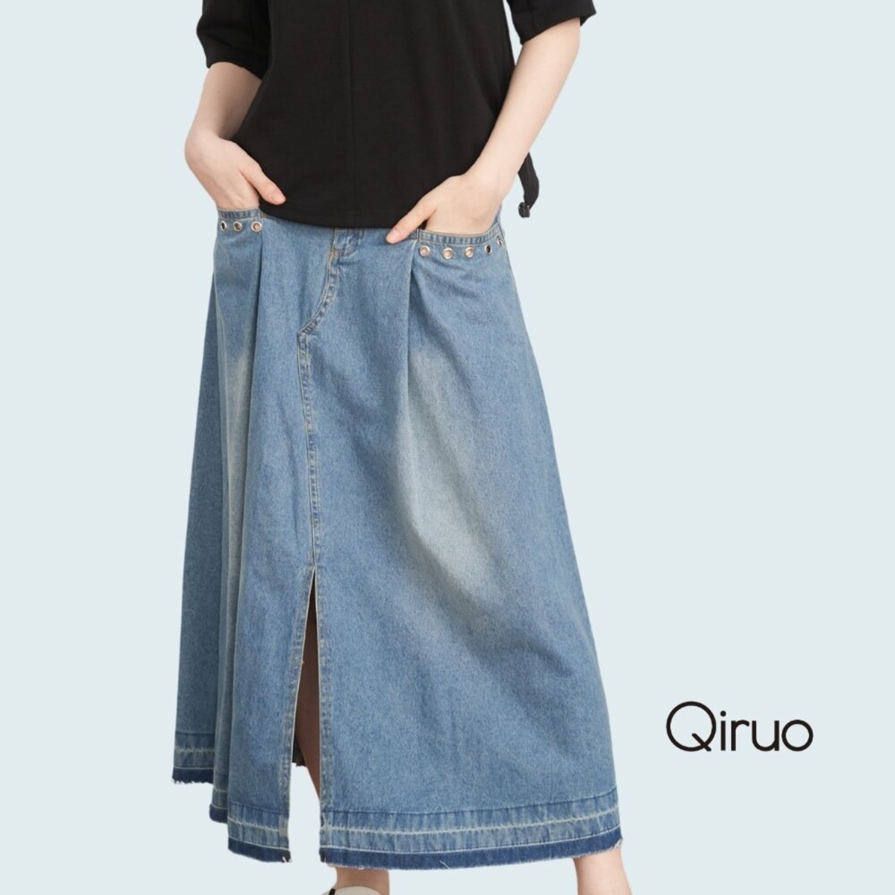 02361229B50-春秋專櫃藍色牛仔長裙1229B  鉚釘口袋