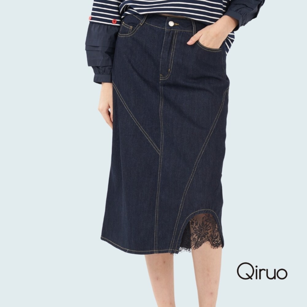 02372406B50-春秋專櫃精品深藍牛仔裙2406B斜線剪裁