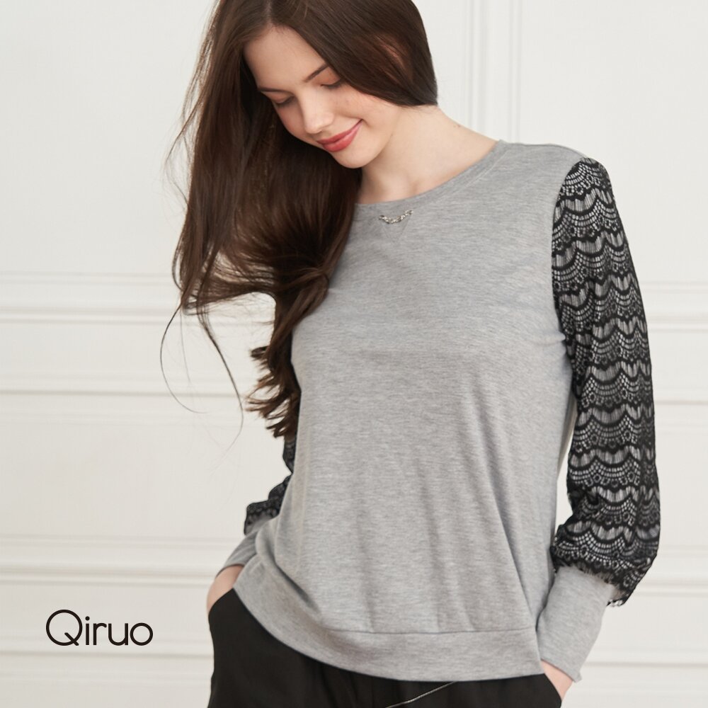 02388163A20-秋冬專櫃灰色上衣8163A袖子蕾絲設計