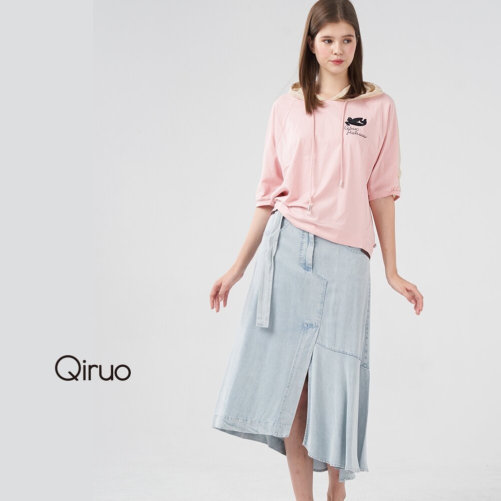 12362069B50-【Qiruo 奇若名品】 專櫃精品牛仔中長裙小傘狀(水藍短牛仔裙 前開叉設計2069B)