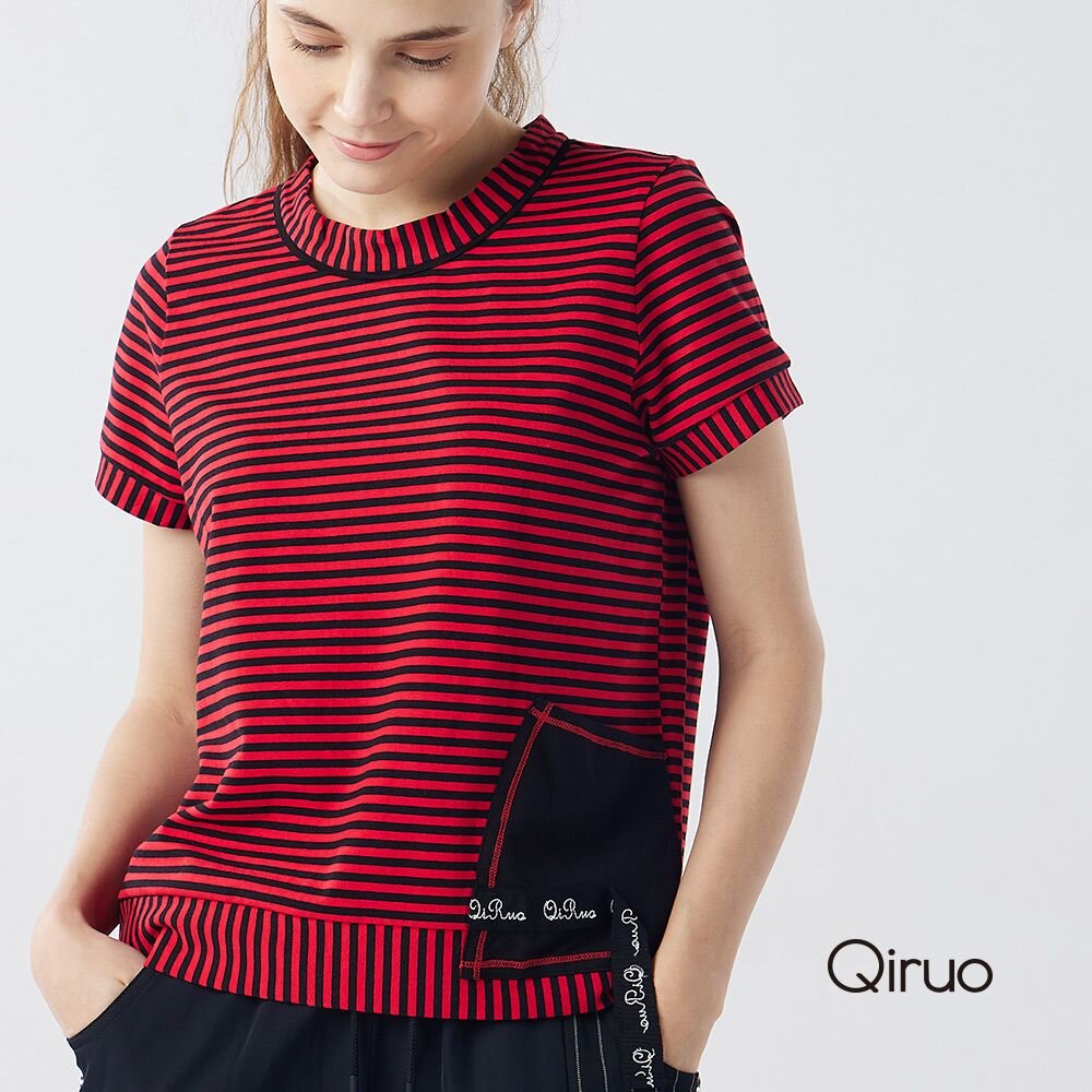 12362107A10-春夏專櫃紅黑線條上衣2107A 圓領造型口袋款
