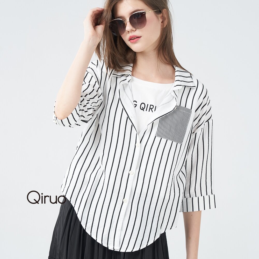 12362108A01-春夏專櫃白色五分袖襯衫2108A 直線條上衣