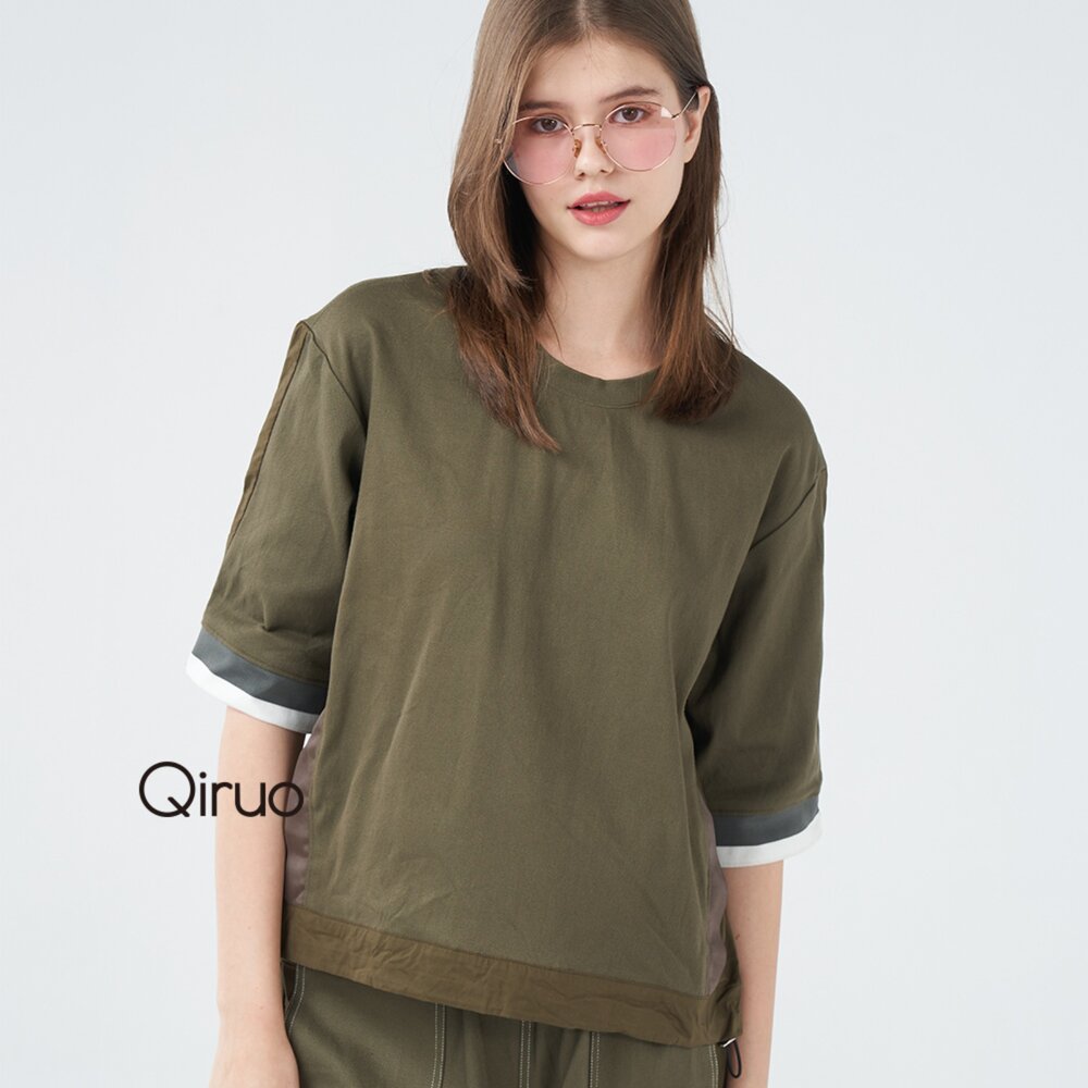 12363004A70-春夏專櫃綠色短袖上衣3004A 素面線條口袋