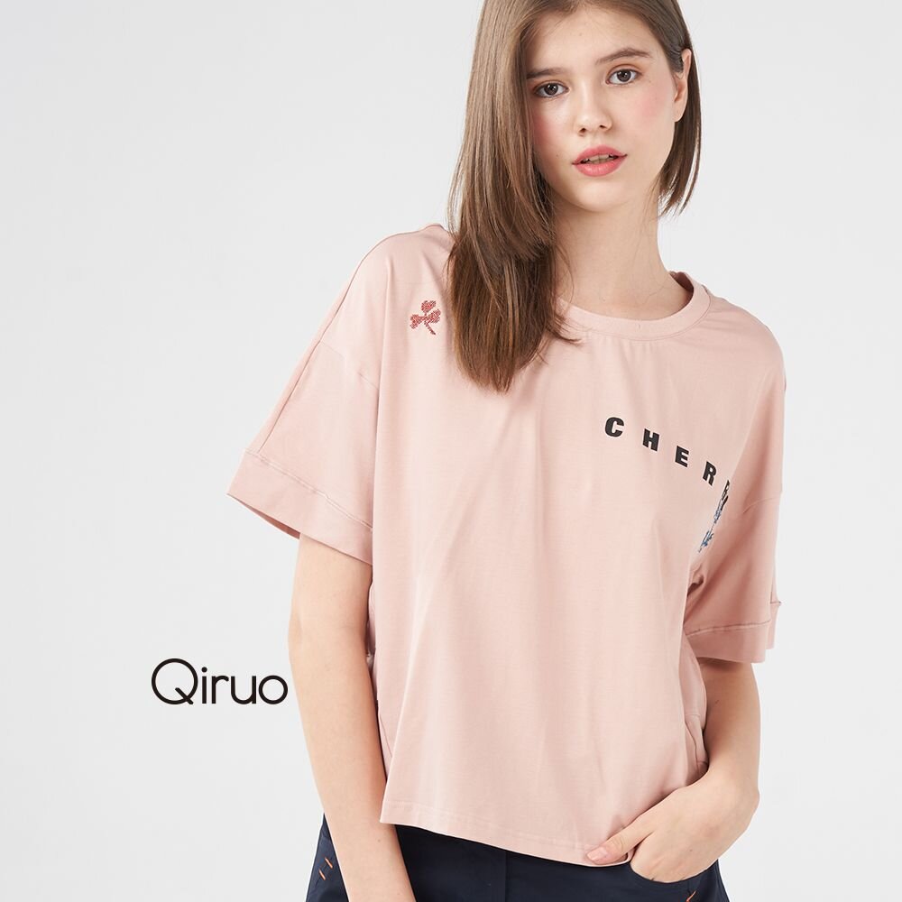 12363015A15-春夏專櫃粉嫩短袖上衣3015A 英文字母百搭款