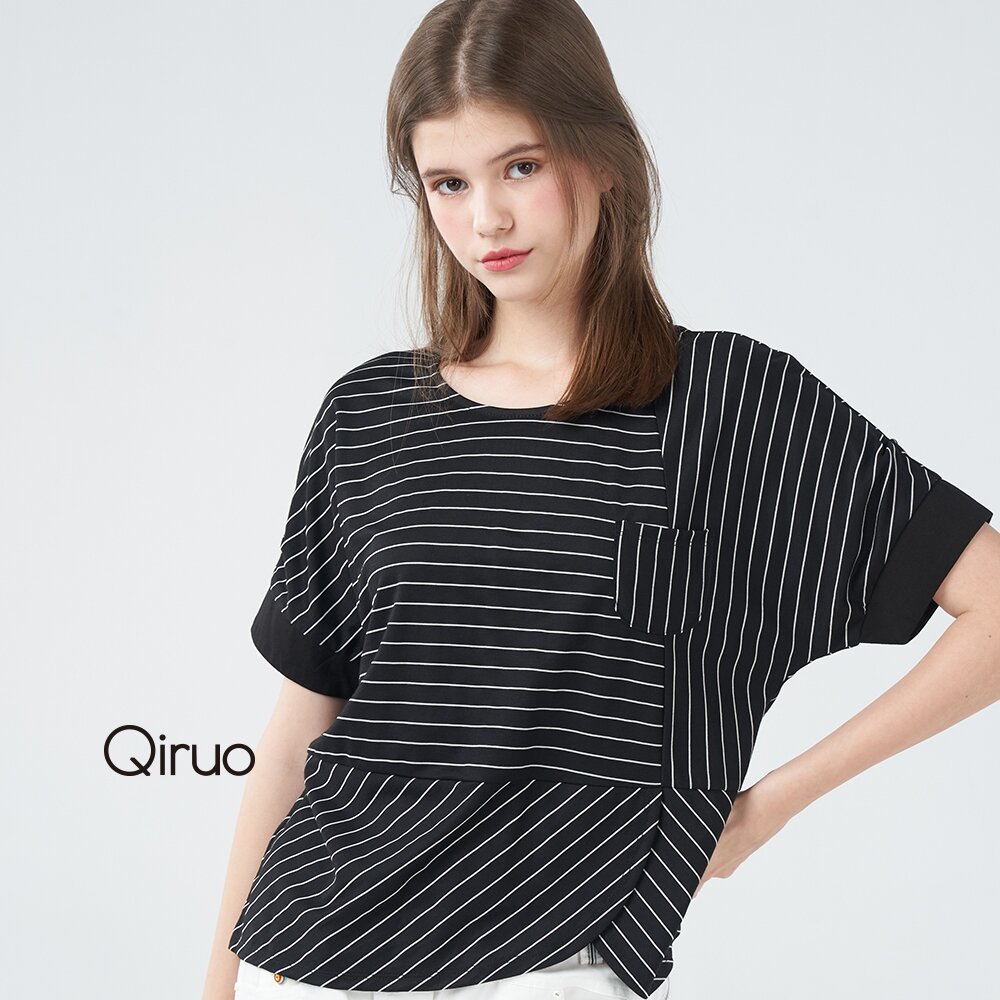 12388228A02-春夏專櫃黑白條紋上衣8228A 下擺圓弧設計