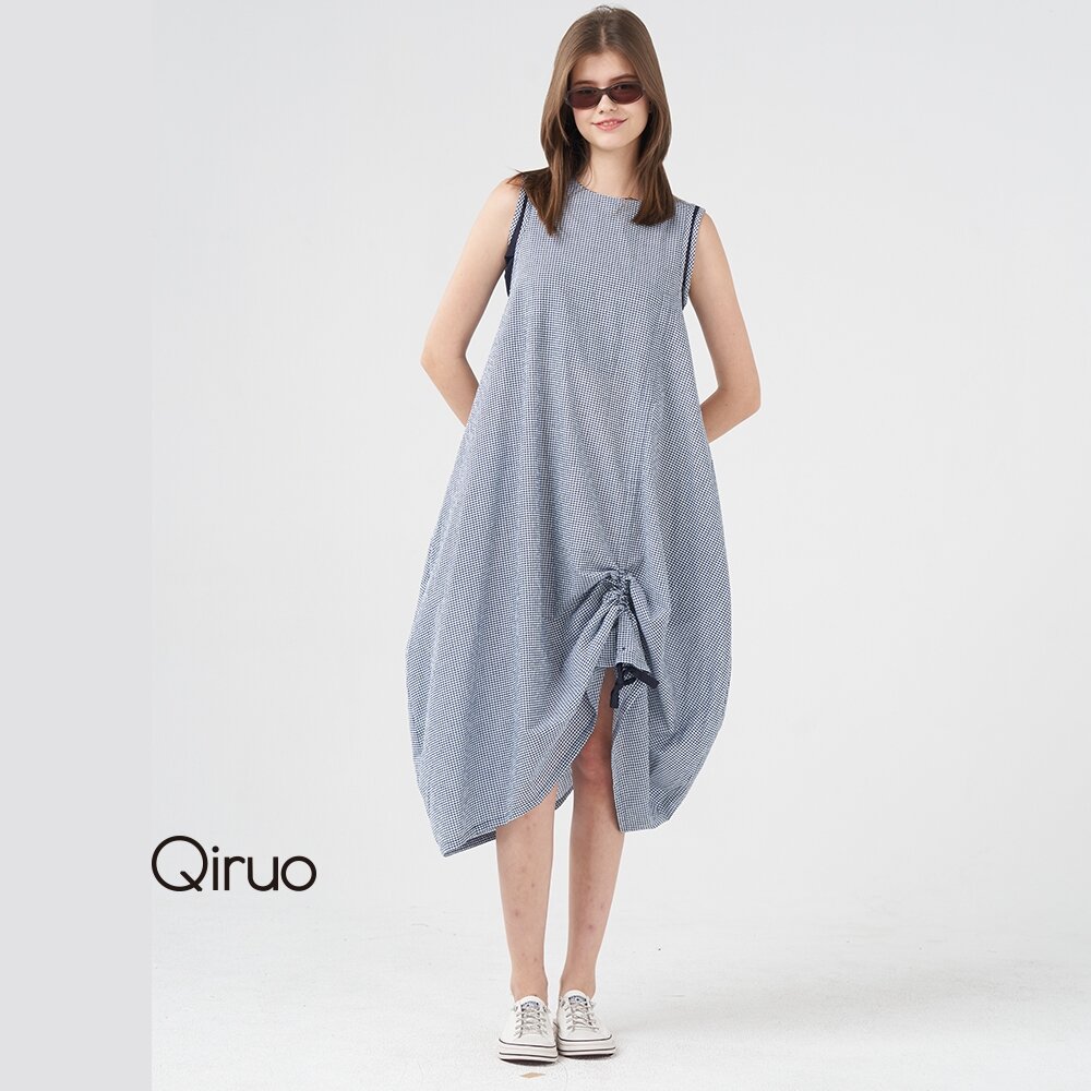 春夏專櫃藍白細格洋裝8256F小傘狀抓皺設計 封面照片