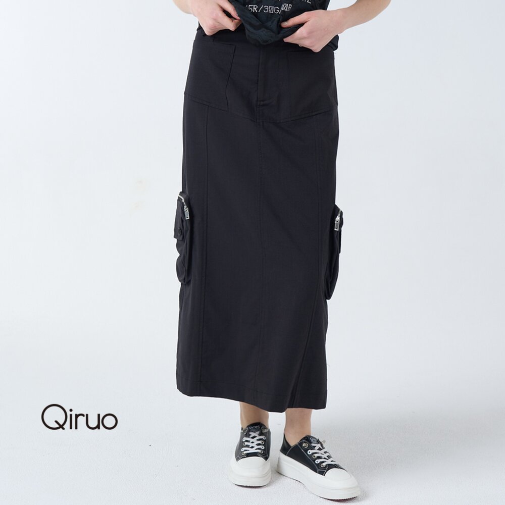 32363211B02-專櫃精品黑色休閒裙3211B側邊口袋設計