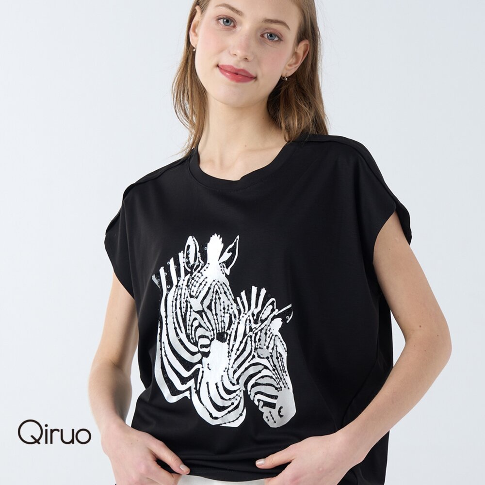 32371801A02-春夏專櫃黑色短袖上衣1801A 胸前斑馬圖