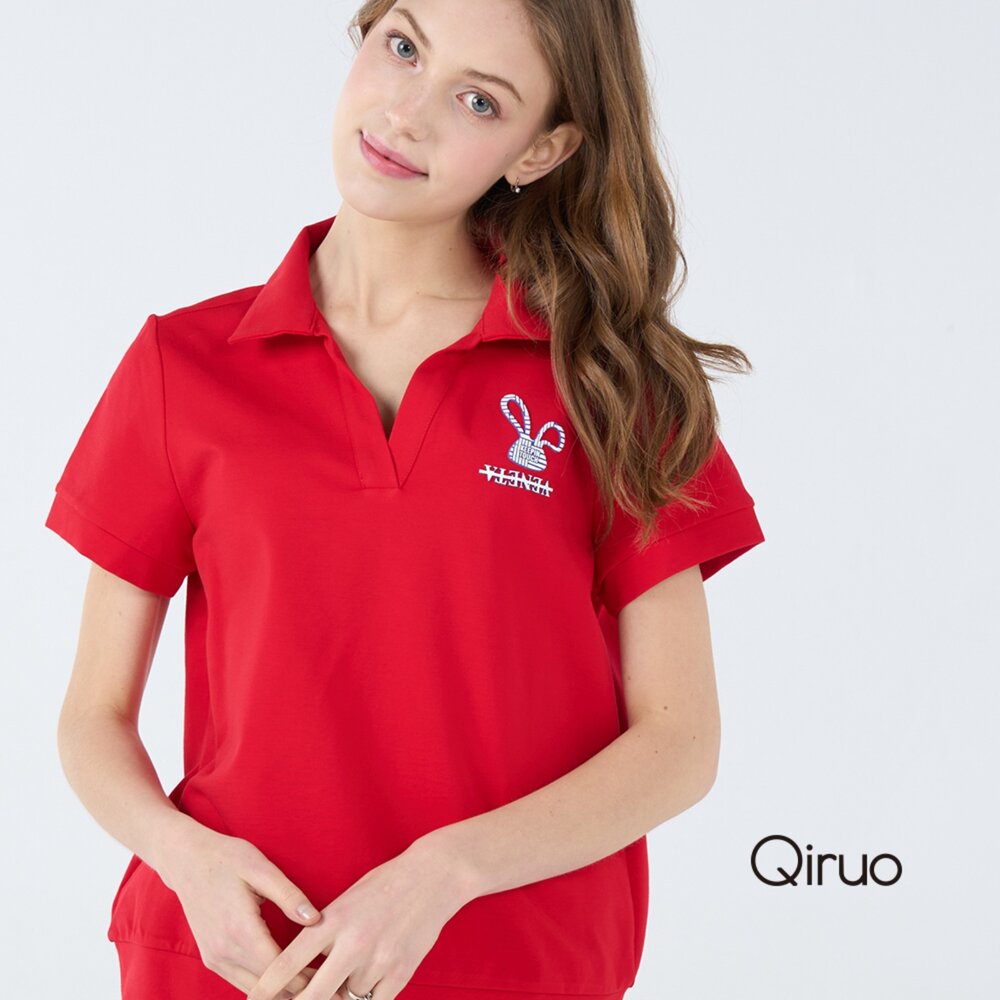 32371807A10-專櫃精品紅色有領上衣1807A 胸前兔子