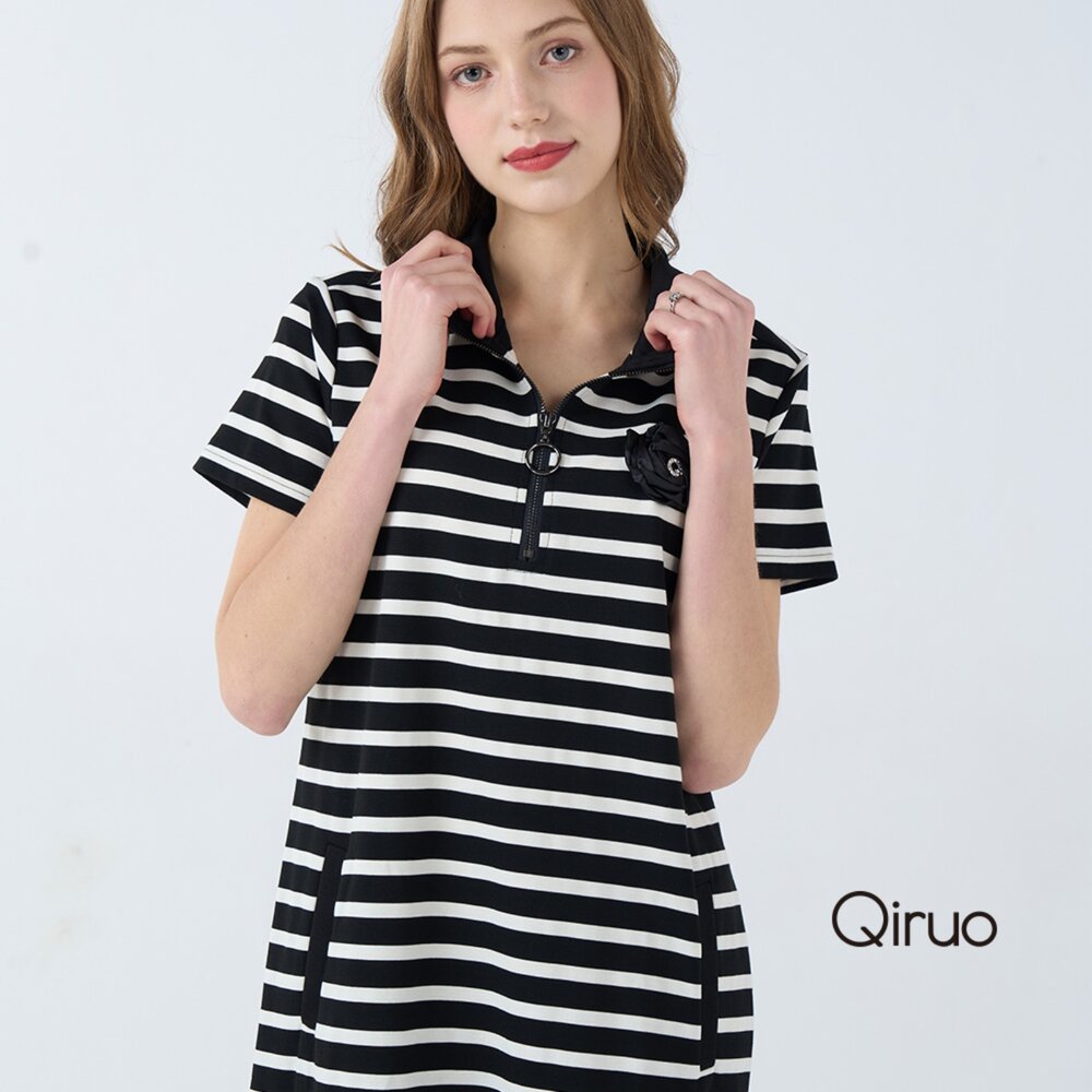 32371808F02-春夏專櫃黑白線條短袖有領洋裝1808F  線條設計