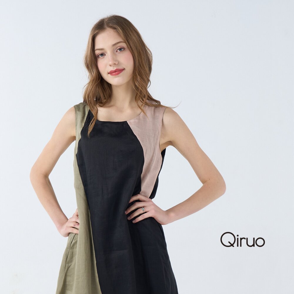 32371810F02-春夏時尚黑色無袖洋裝1810F 三色拼接設計