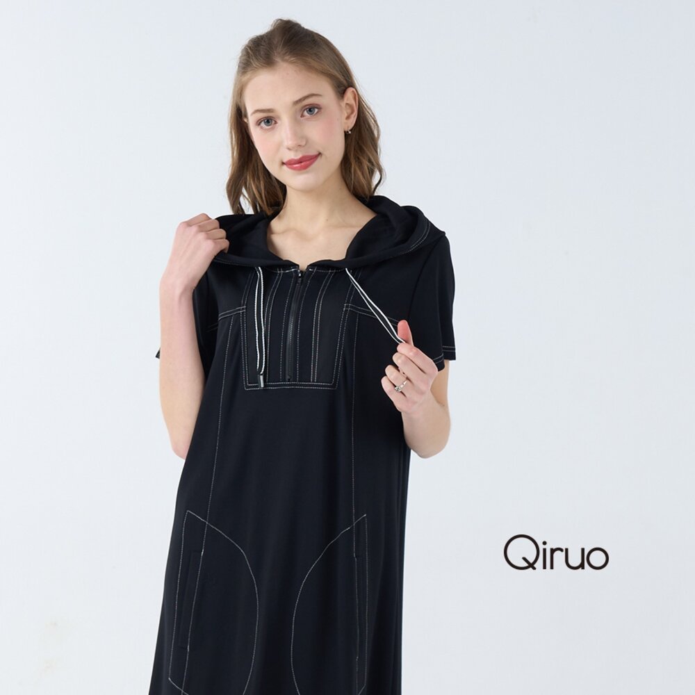 32386209F02-春夏專櫃黑色短袖連帽洋裝6209F  簡約車線設計