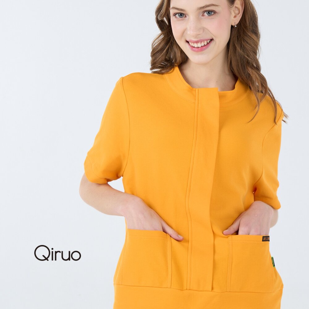 32387010A90-春夏專櫃橘色短袖上衣7010A 百搭立領款