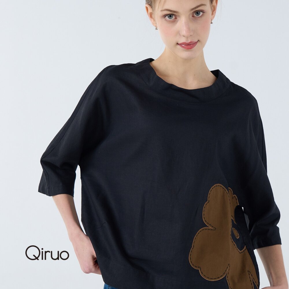 32387012A02-春夏專櫃棉麻黑色上衣7012A 時尚寬鬆