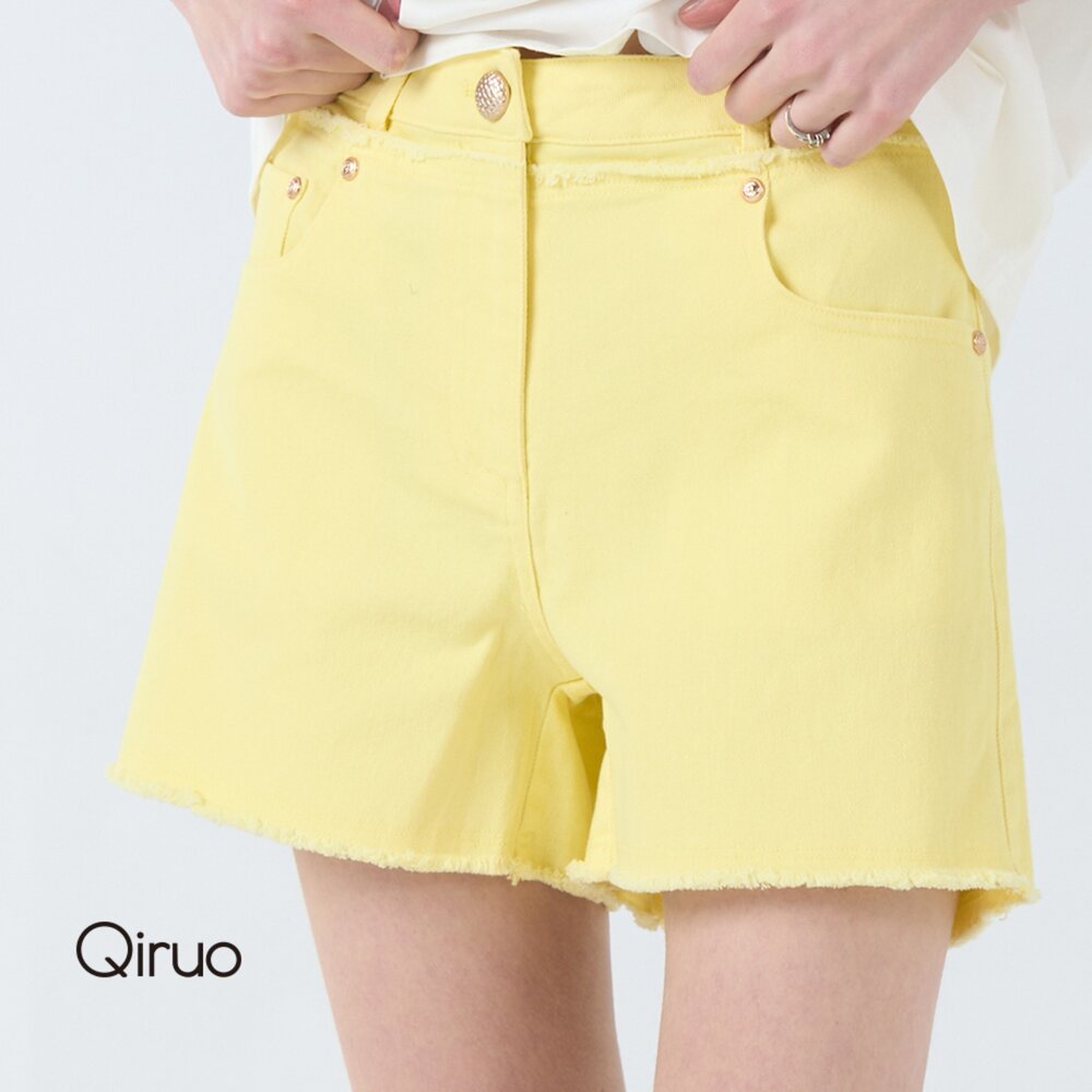 32387020C30-春夏專櫃黃色牛仔短褲7020C 鬆緊帶短褲