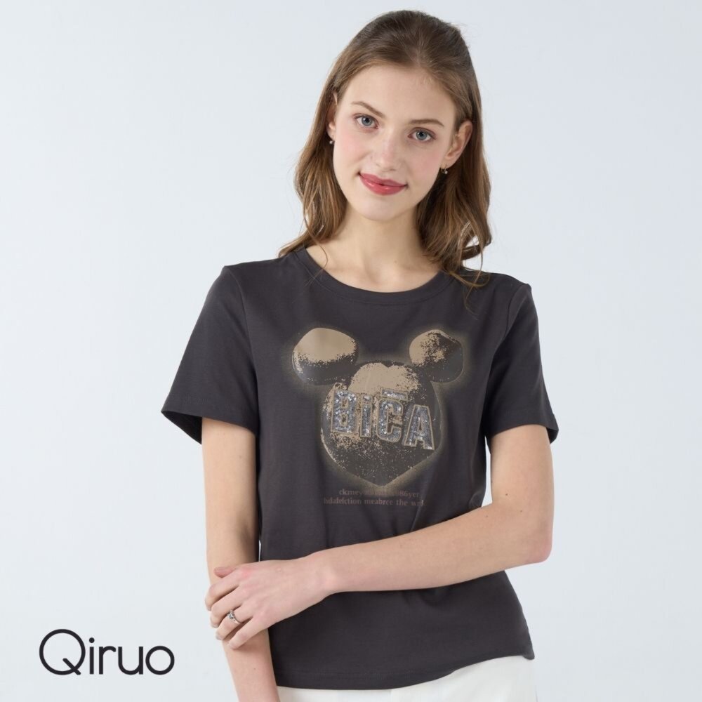 32387021D20-春夏專櫃灰咖色上衣7021D 短袖圓領米奇造型