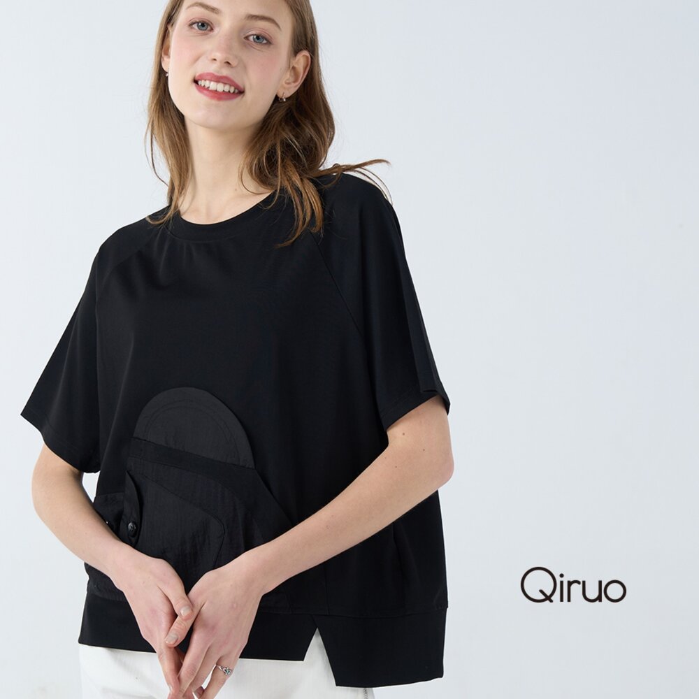 32387022A02-春夏專櫃黑色上衣7022A 短袖圓領造型