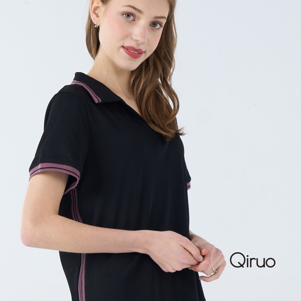 32387025A02-春夏專櫃黑色短袖上衣7025A 有領設計