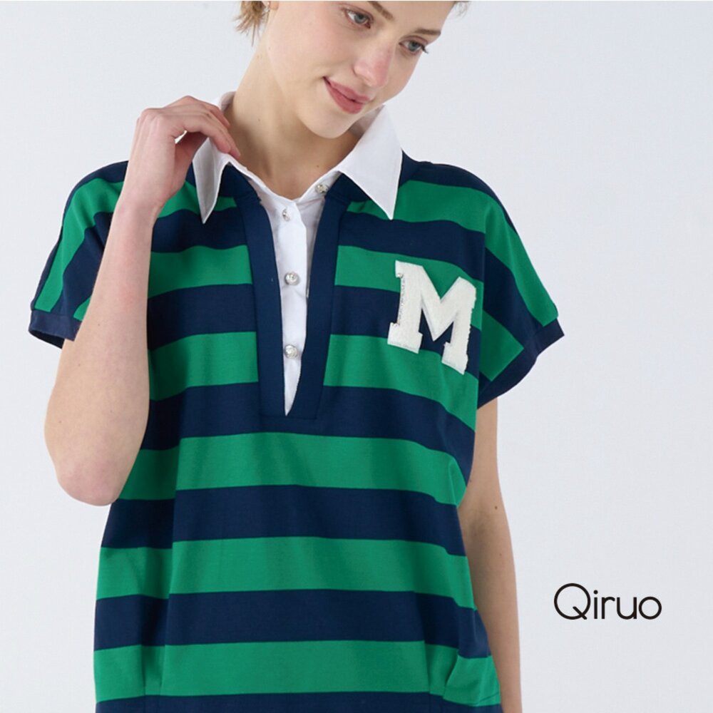 32387029A70-春夏專櫃綠藍線條短袖上衣7029A 有領設計