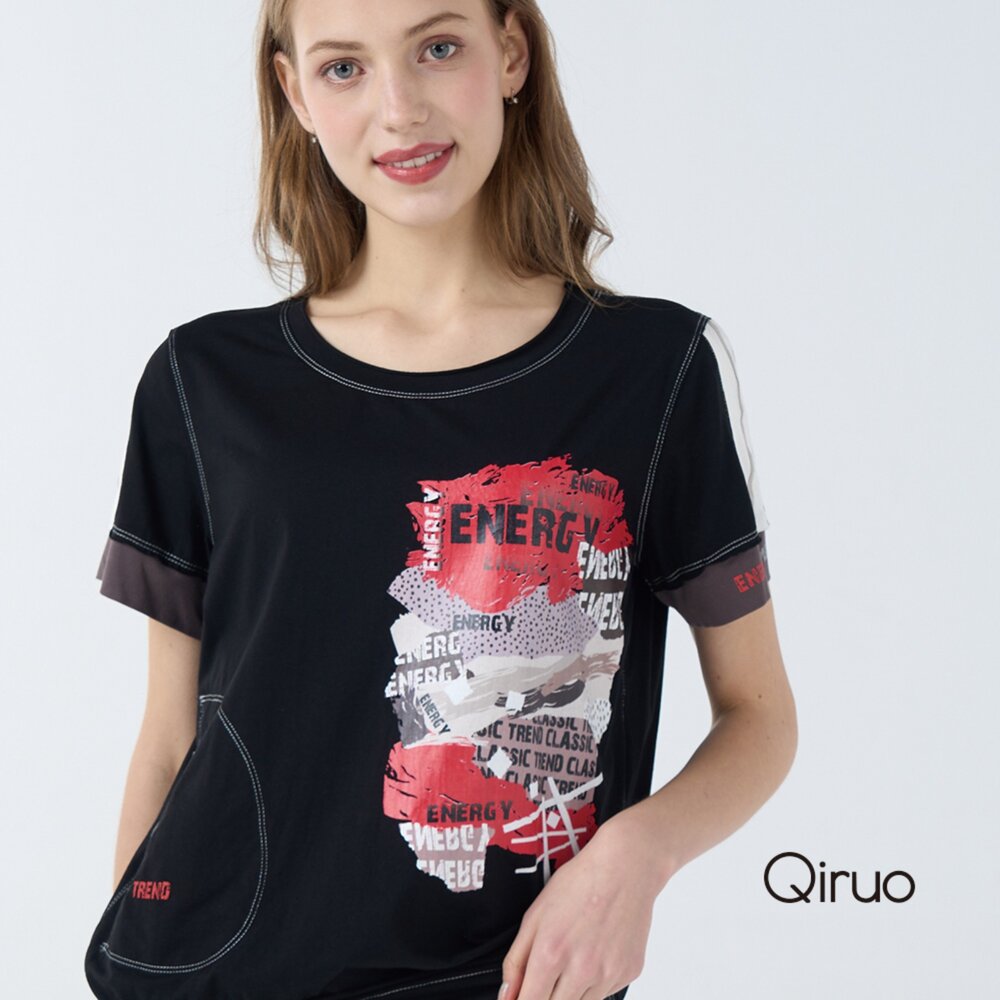 32387030A02-春夏專櫃黑色上衣7030A 短袖圓領造型