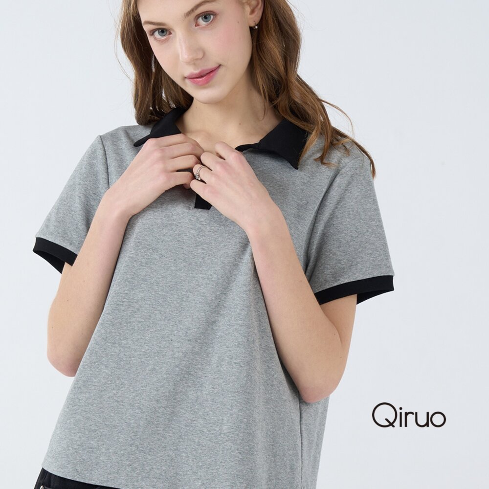 32387035A20-春夏專櫃灰黑短袖上衣7035A 有領設計