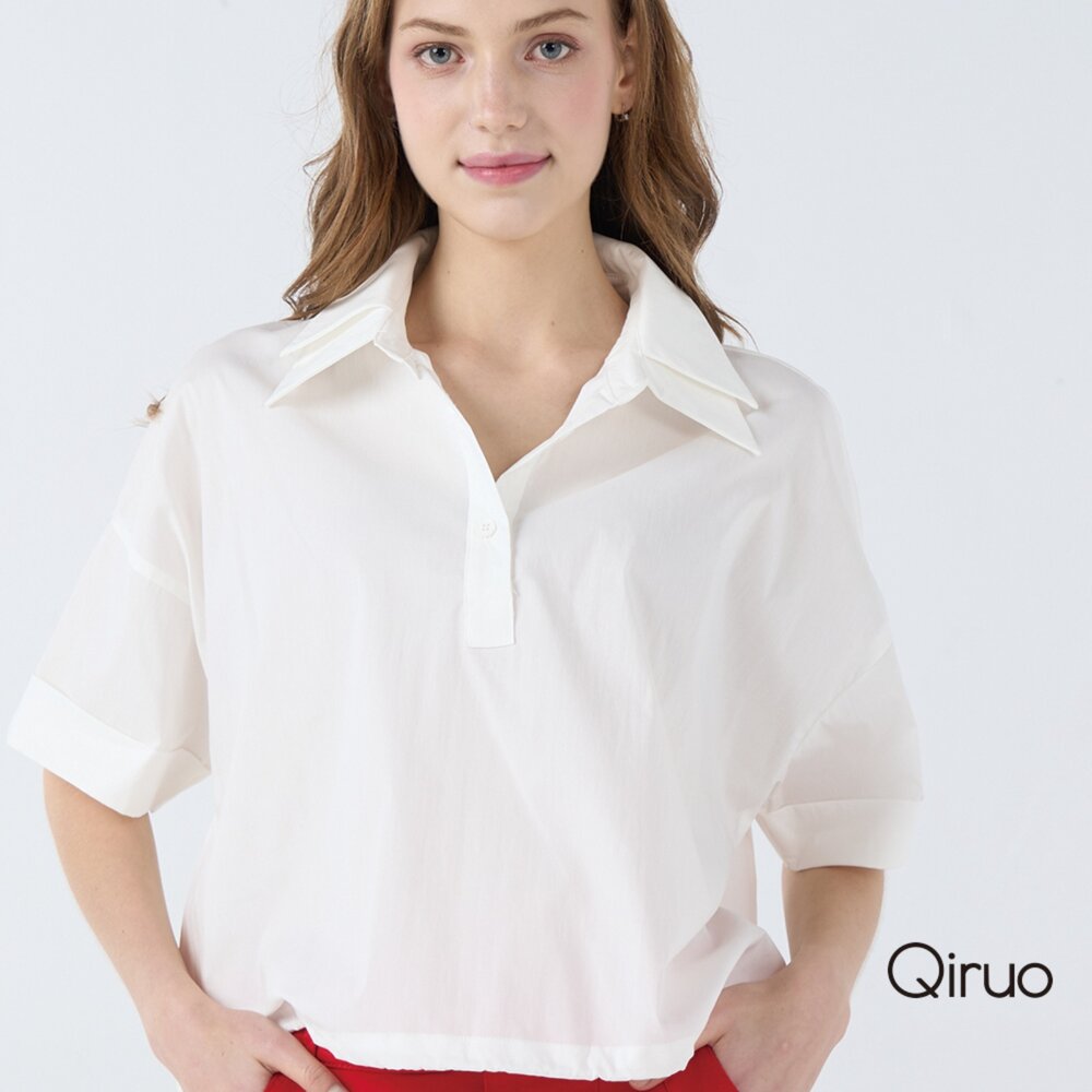 32387059A01-上等棉質白色造型襯衫小傘狀有領五分袖上衣7059A