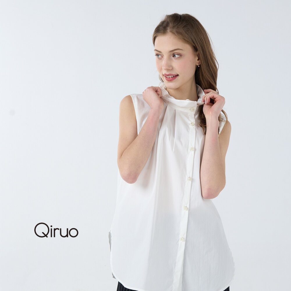 32387062D01-春夏專櫃白色背心上衣7062D 小荷葉 立領設計