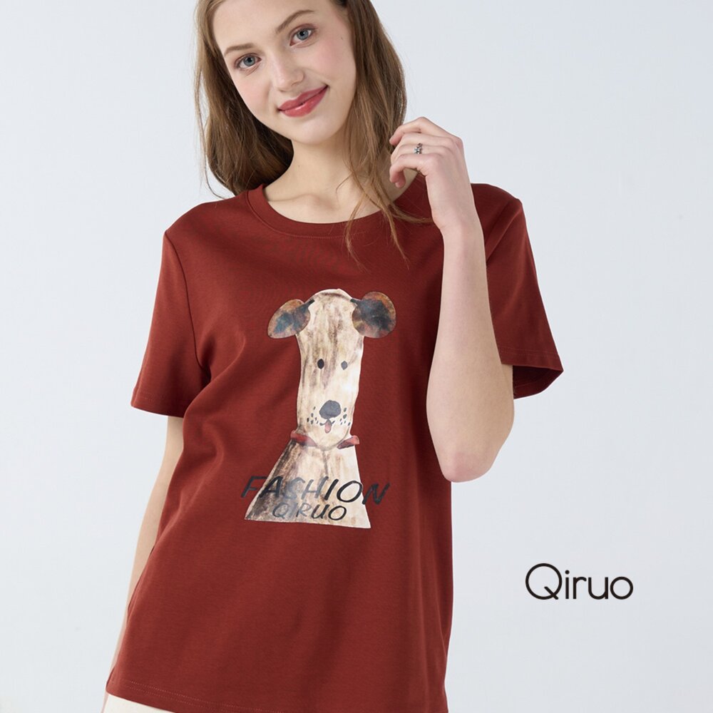 32387093A11-春夏專櫃暗紅色短袖棉上衣7093A 百搭狗狗款