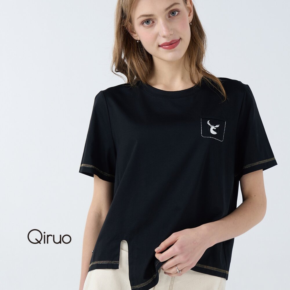 32387102A02-春夏專櫃精品上衣7102A 女時尚圖案黑色短袖