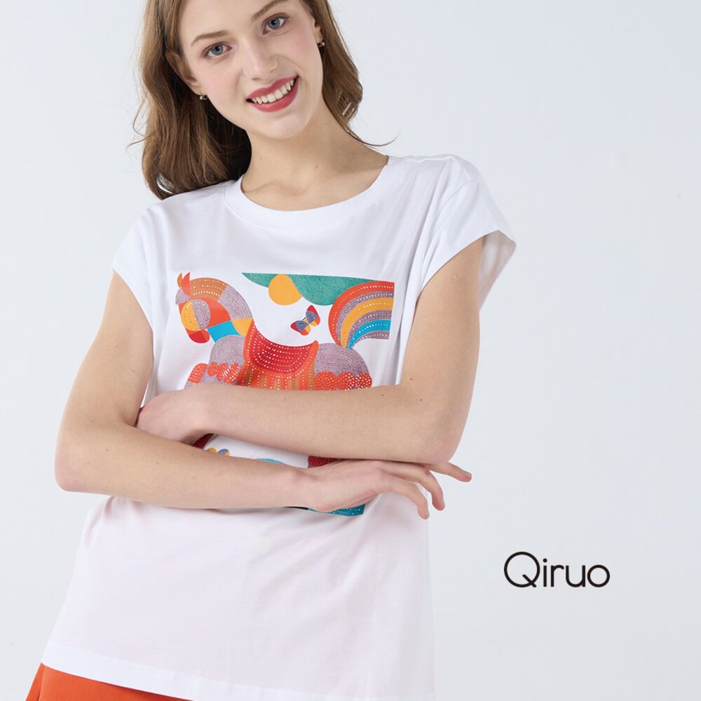 32387117A01-春夏專櫃白色上衣7117A 短袖彩虹馬圖案