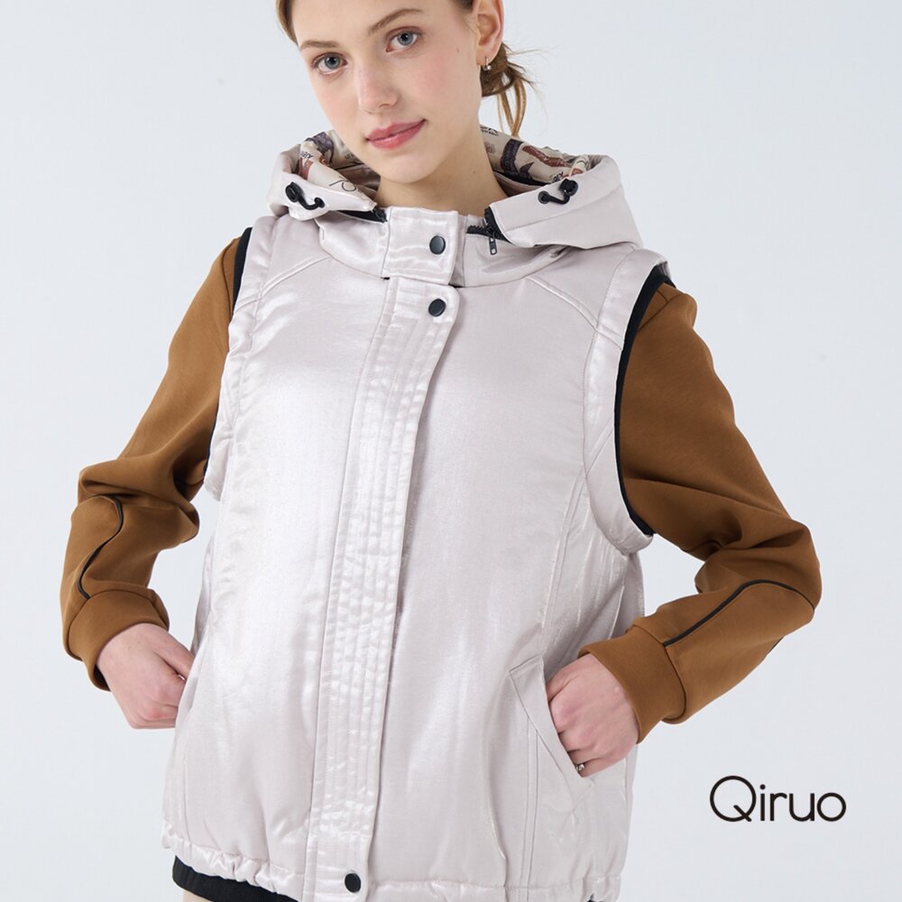 42386228D46-秋冬專品米白色背心6228D 保暖連帽背心