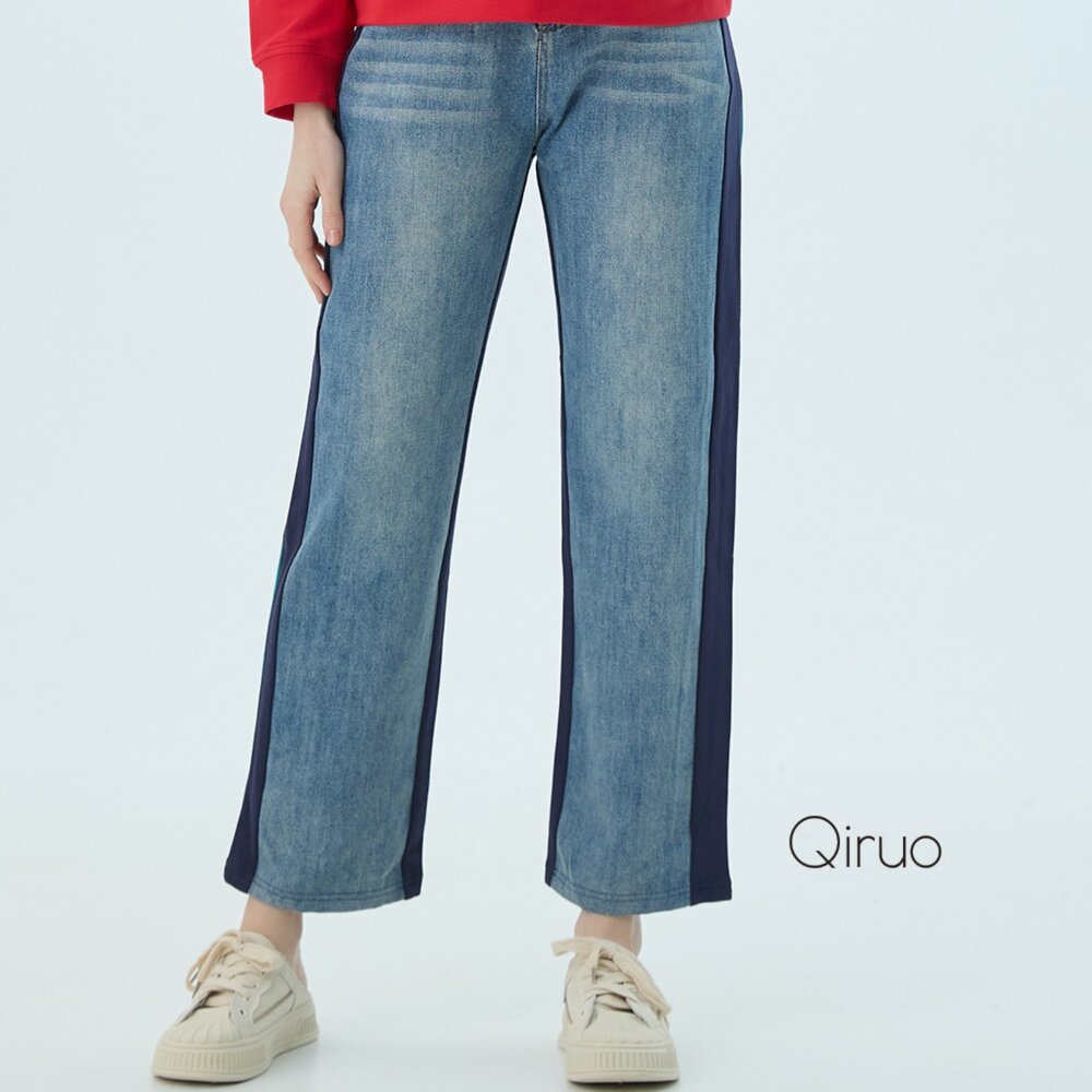 42386235C50-秋冬專櫃藍黑色牛仔褲裙6235C雙拼造型褲