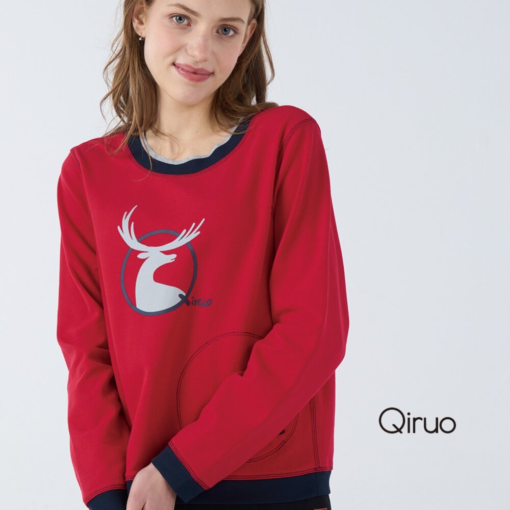 42386255A10-秋冬專櫃長袖紅色滾黑邊上衣 6255A 麋鹿休閒上衣